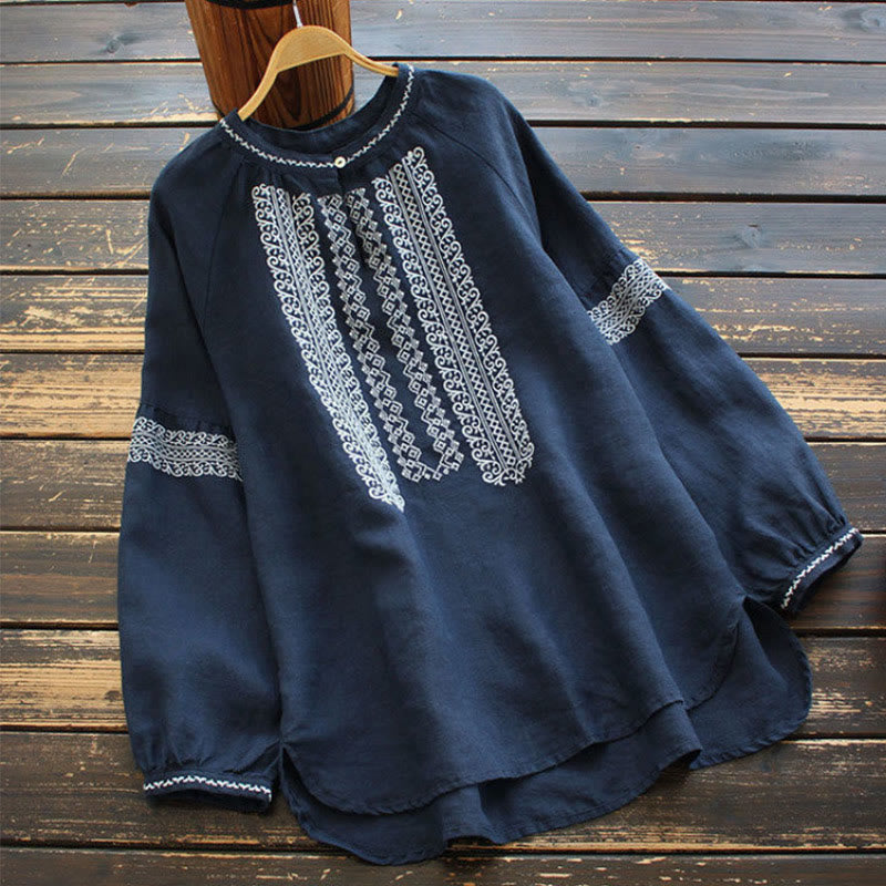 Chemise à manches longues et col ras du cou pour femme, motif ethnique brodé de Buddha Stones et de bohème