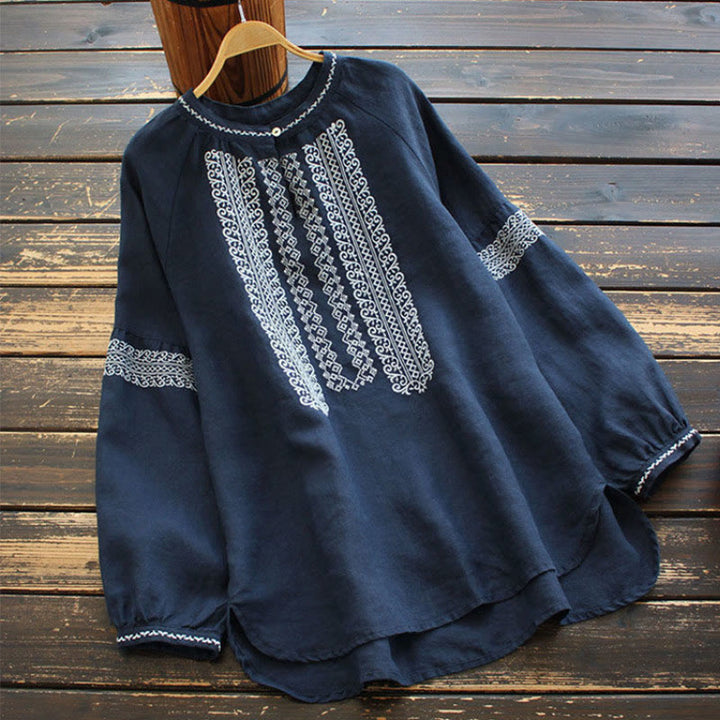 Chemise à manches longues et col ras du cou pour femme, motif ethnique brodé de Buddha Stones et de bohème