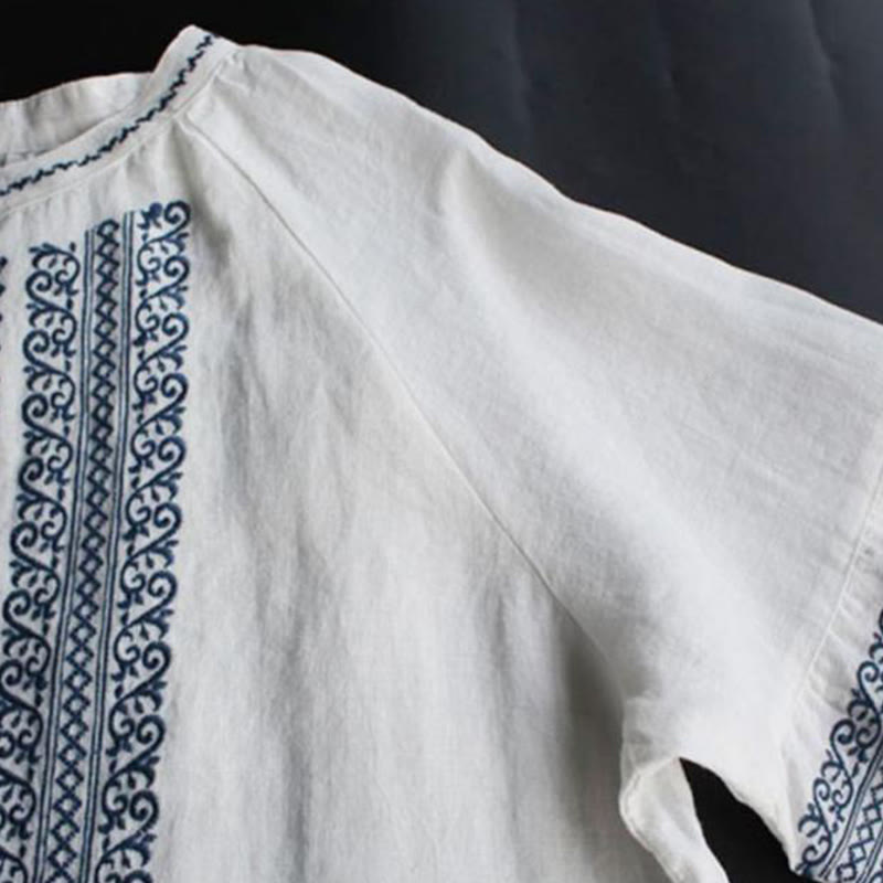 Chemise à manches longues et col ras du cou pour femme, motif ethnique brodé de Buddha Stones et de bohème