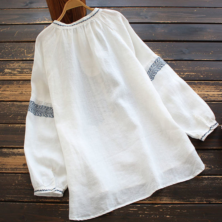 Chemise à manches longues et col ras du cou pour femme, motif ethnique brodé de Buddha Stones et de bohème