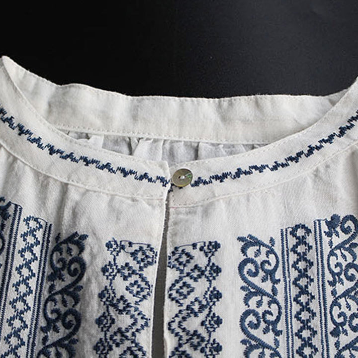 Chemise à manches longues et col ras du cou pour femme, motif ethnique brodé de Buddha Stones et de bohème