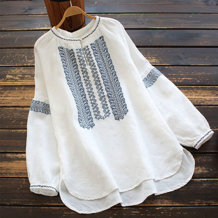 Chemise à manches longues et col ras du cou pour femme, motif ethnique brodé de Buddha Stones et de bohème