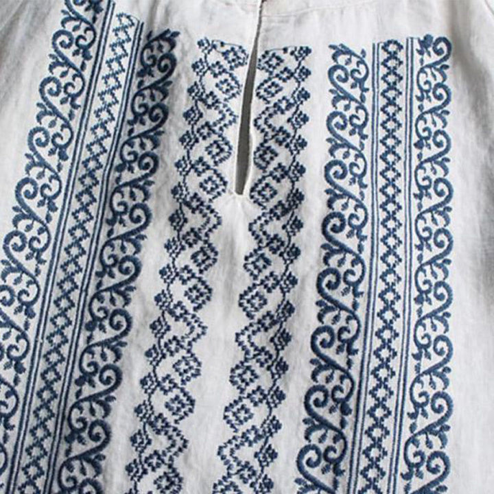 Chemise à manches longues et col ras du cou pour femme, motif ethnique brodé de Buddha Stones et de bohème