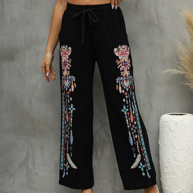 Buddha Stones Pantalon femme noir décontracté en coton et lin, brodé ethnique, avec cordon de serrage et poches - image 4