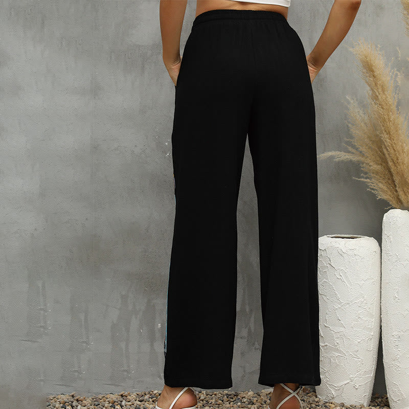 Buddha Stones Pantalon femme noir décontracté en coton et lin, brodé ethnique, avec cordon de serrage et poches - image 2