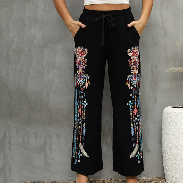Buddha Stones Pantalon femme noir décontracté en coton et lin, brodé ethnique, avec cordon de serrage et poches - Noir - US16，UK/AU20，EU48 (3XL) - image 0