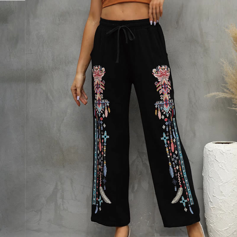 Buddha Stones Pantalon femme noir décontracté en coton et lin, brodé ethnique, avec cordon de serrage et poches - image 1