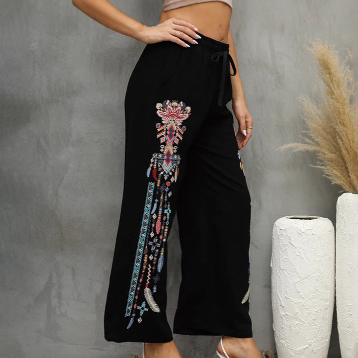 Buddha Stones Pantalon femme noir décontracté en coton et lin, brodé ethnique, avec cordon de serrage et poches - image 3