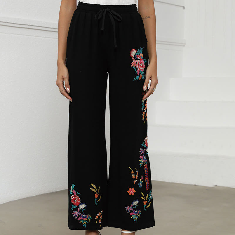 Buddha Stones Pantalon d'été noir uni en coton et lin avec broderie ethnique, cordon de serrage et poches, pour femme - image 1