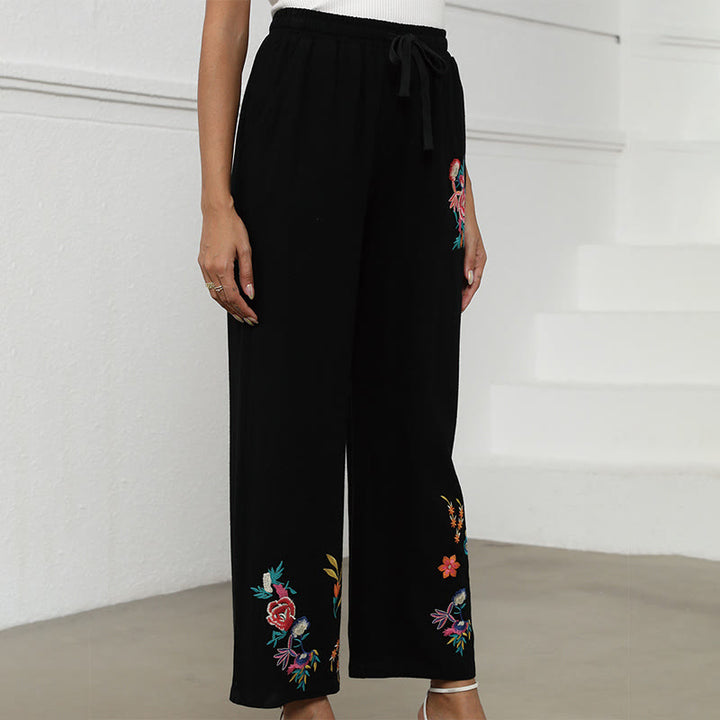 Buddha Stones Pantalon d'été noir uni en coton et lin avec broderie ethnique, cordon de serrage et poches, pour femme - image 2