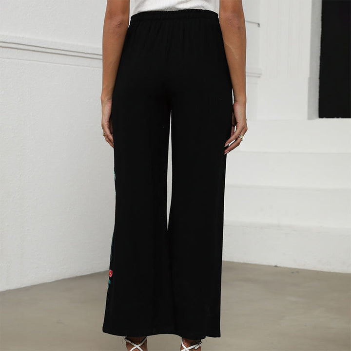 Buddha Stones Pantalon d'été noir uni en coton et lin avec broderie ethnique, cordon de serrage et poches, pour femme - image 3