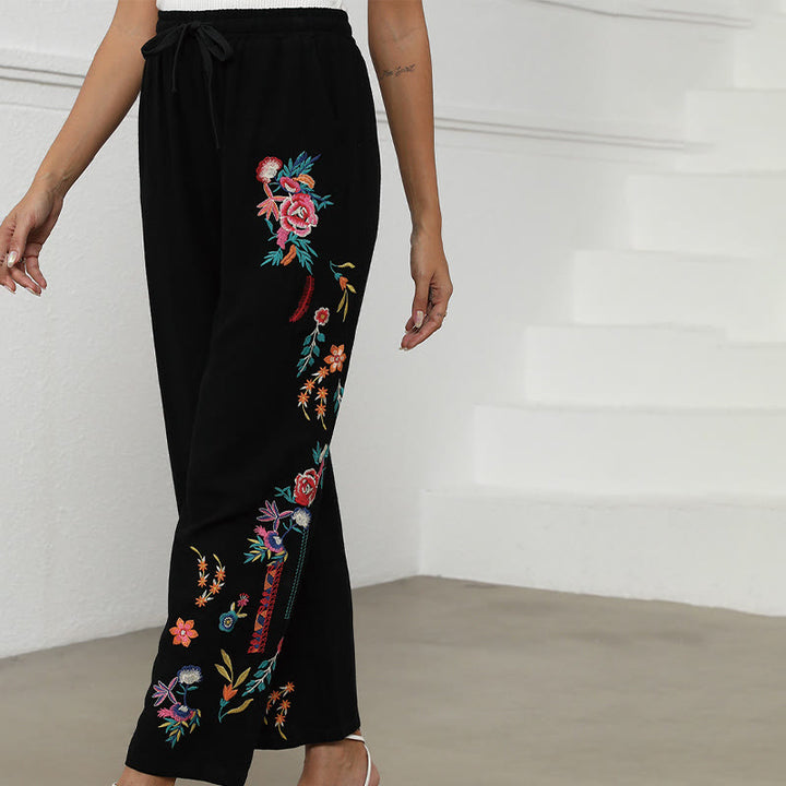 Buddha Stones Pantalon d'été noir uni en coton et lin avec broderie ethnique, cordon de serrage et poches, pour femme - image 4