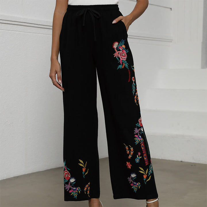 Buddha Stones Pantalon d'été noir uni en coton et lin avec broderie ethnique, cordon de serrage et poches, pour femme - Noir - US16，UK/AU20，EU48 (3XL) - image 0
