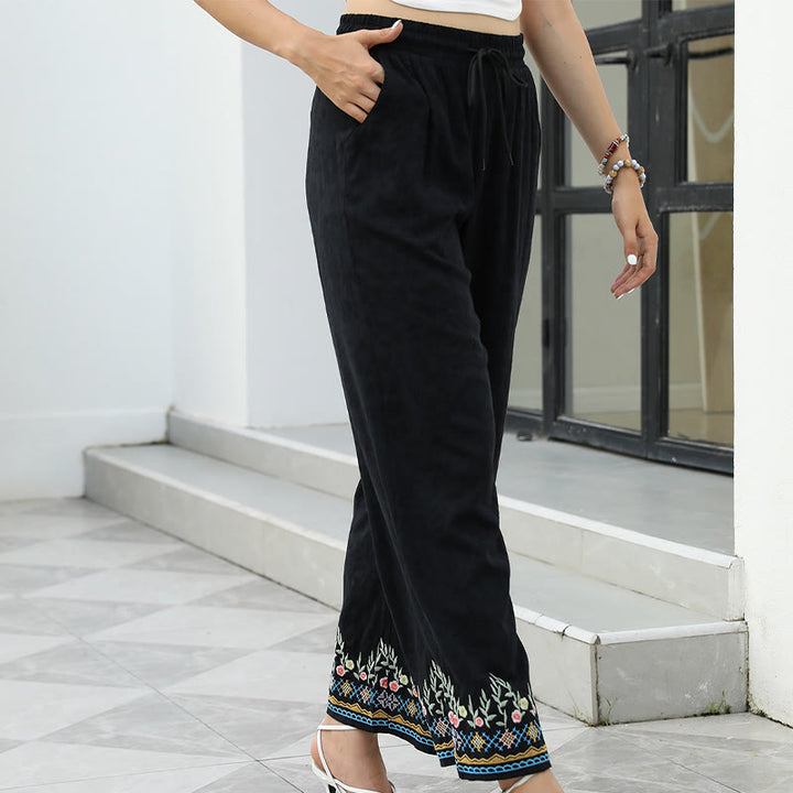 Buddha Stones Pantalon femme en coton et lin noir à motif floral brodé printanier, cordon de serrage et poches - image 3