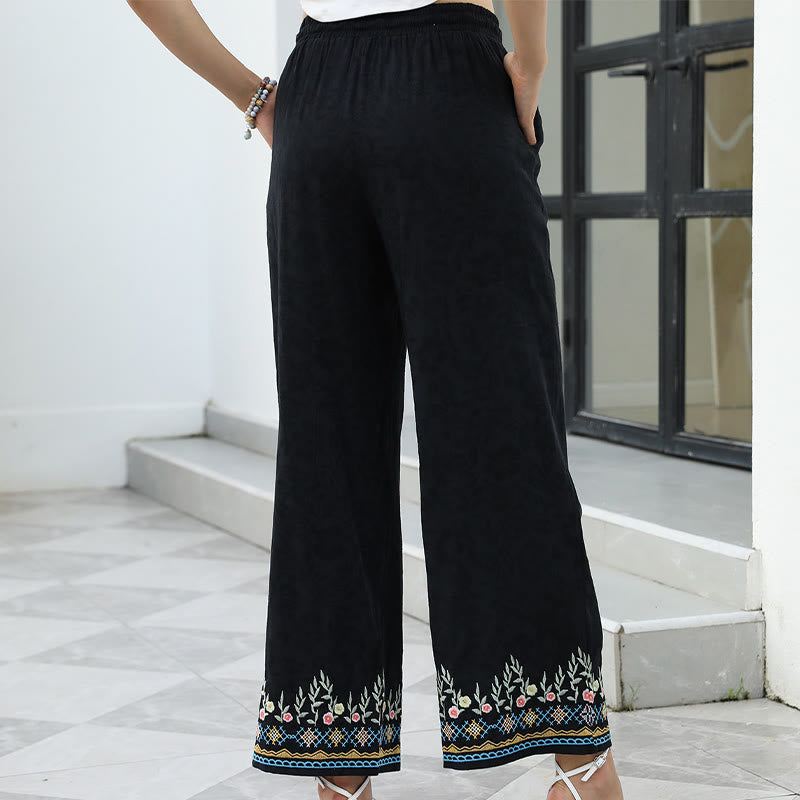 Buddha Stones Pantalon femme en coton et lin noir à motif floral brodé printanier, cordon de serrage et poches - image 1