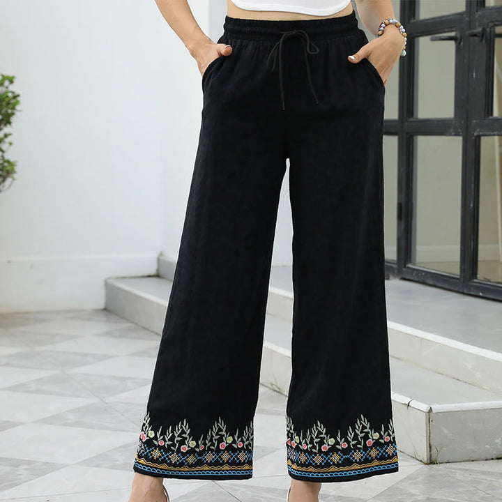 Buddha Stones Pantalon femme en coton et lin noir à motif floral brodé printanier, cordon de serrage et poches - Noir - US16，UK/AU20，EU48 (3XL) - image 0