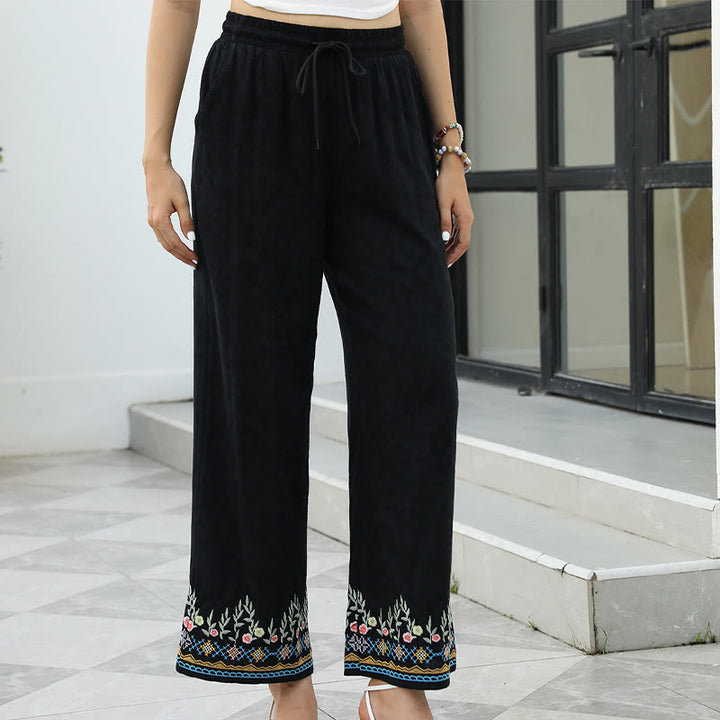 Buddha Stones Pantalon femme en coton et lin noir à motif floral brodé printanier, cordon de serrage et poches - image 2