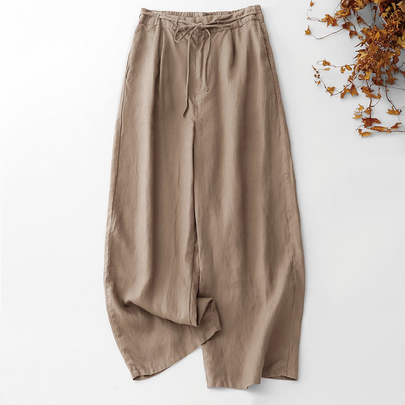 Buddha Stones Pantalon d'été uni pour femme, longueur cheville, cordon de serrage, jambes larges, poches et fermeture éclair, en coton et lin avec poches. - BurlyWood - US8-10，UK/AU12-14，EU40-42 (2XL) - image 0