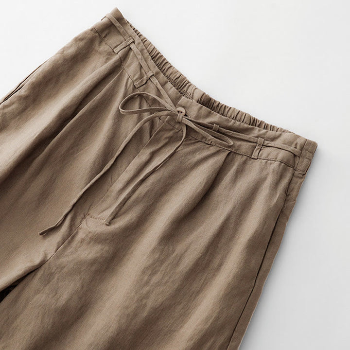 Buddha Stones Pantalon d'été uni pour femme, longueur cheville, cordon de serrage, jambes larges, poches et fermeture éclair, en coton et lin avec poches. - image 3