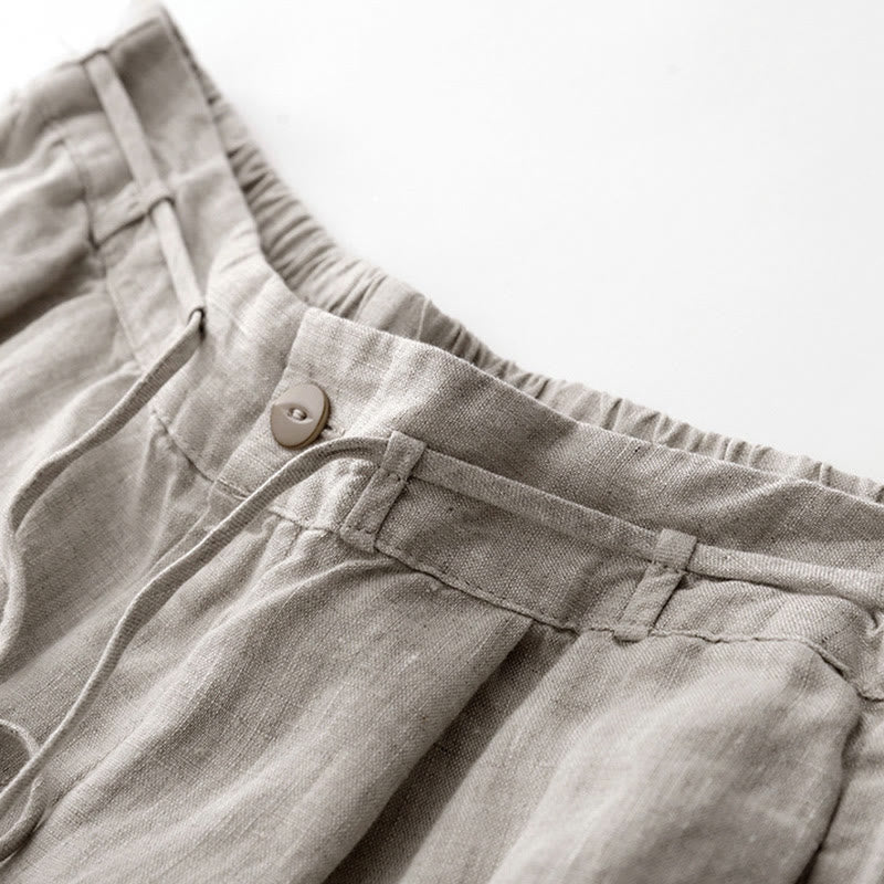 Buddha Stones Pantalon d'été uni pour femme, longueur cheville, cordon de serrage, jambes larges, poches et fermeture éclair, en coton et lin avec poches. - image 12