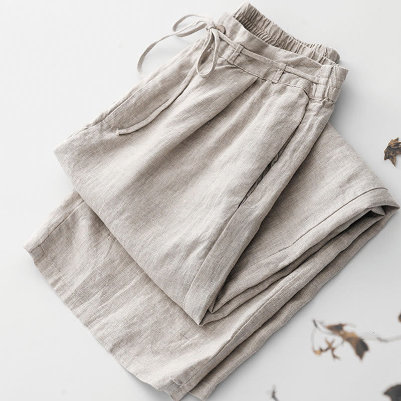 Buddha Stones Pantalon d'été uni pour femme, longueur cheville, cordon de serrage, jambes larges, poches et fermeture éclair, en coton et lin avec poches. - image 11