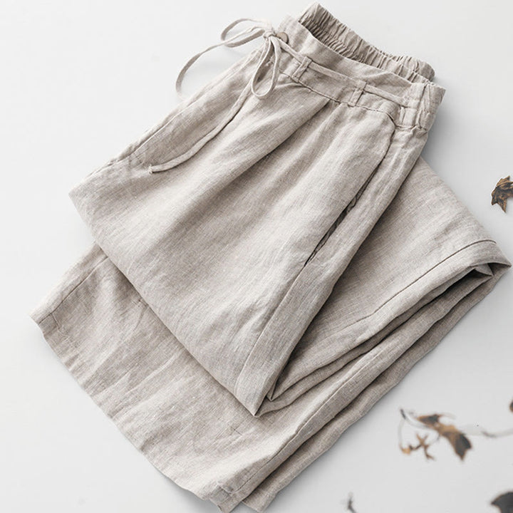 Buddha Stones Pantalon d'été uni pour femme, longueur cheville, cordon de serrage, jambes larges, poches et fermeture éclair, en coton et lin avec poches. - image 11