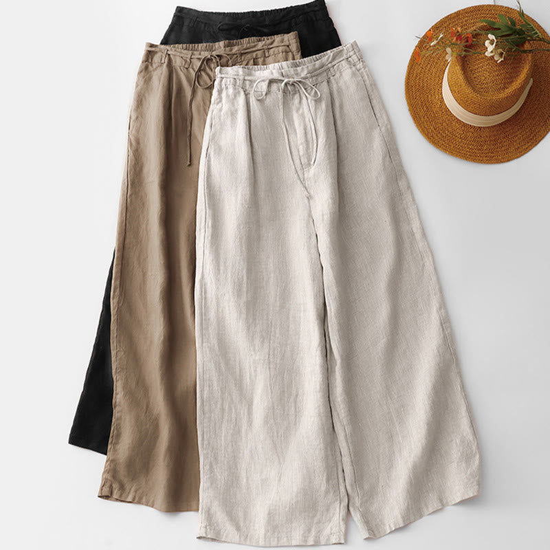 Buddha Stones Pantalon d'été uni pour femme, longueur cheville, cordon de serrage, jambes larges, poches et fermeture éclair, en coton et lin avec poches. - image 19