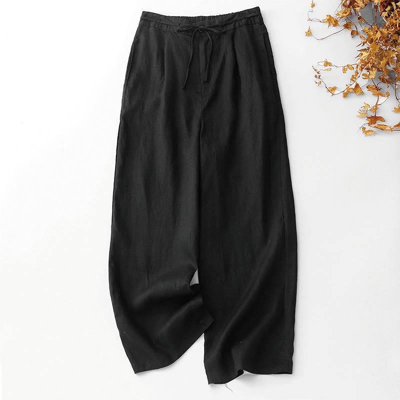 Buddha Stones Pantalon d'été uni pour femme, longueur cheville, cordon de serrage, jambes larges, poches et fermeture éclair, en coton et lin avec poches. - Noir - US8-10，UK/AU12-14，EU40-42 (2XL) - image 7