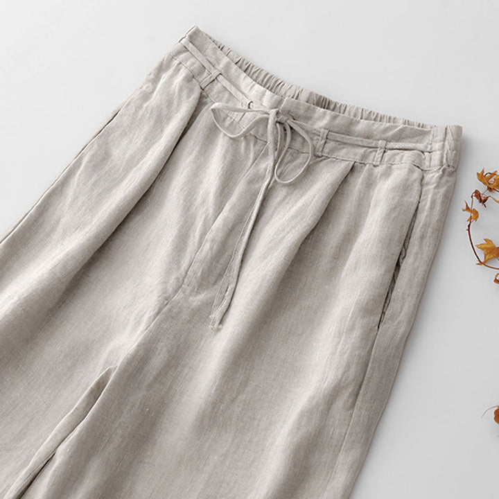 Buddha Stones Pantalon d'été uni pour femme, longueur cheville, cordon de serrage, jambes larges, poches et fermeture éclair, en coton et lin avec poches. - image 13