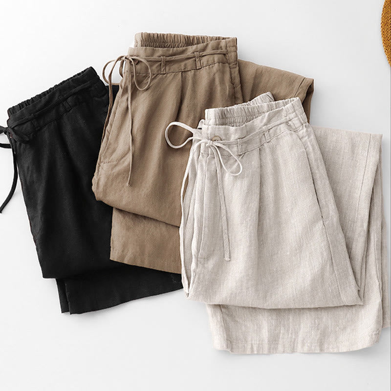 Buddha Stones Pantalon d'été uni pour femme, longueur cheville, cordon de serrage, jambes larges, poches et fermeture éclair, en coton et lin avec poches. - image 21
