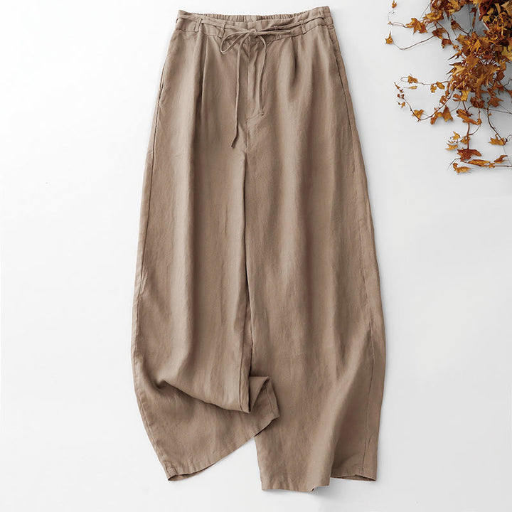 Buddha Stones Pantalon d'été uni pour femme, longueur cheville, cordon de serrage, jambes larges, poches et fermeture éclair, en coton et lin avec poches. - BurlyWood - US8-10，UK/AU12-14，EU40-42 (2XL) - image 0