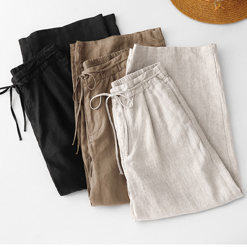 Buddha Stones Pantalon d'été uni pour femme, longueur cheville, cordon de serrage, jambes larges, poches et fermeture éclair, en coton et lin avec poches. - image 20