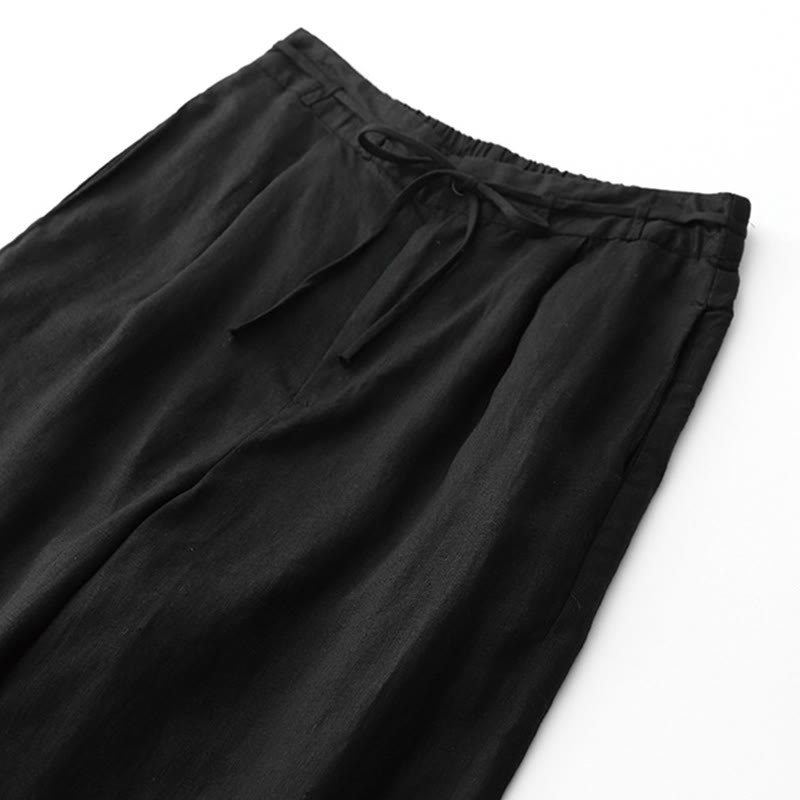 Buddha Stones Pantalon d'été uni pour femme, longueur cheville, cordon de serrage, jambes larges, poches et fermeture éclair, en coton et lin avec poches. - image 8