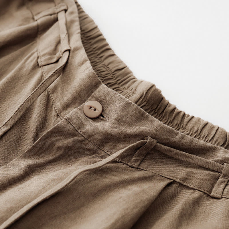 Buddha Stones Pantalon d'été uni pour femme, longueur cheville, cordon de serrage, jambes larges, poches et fermeture éclair, en coton et lin avec poches. - image 1