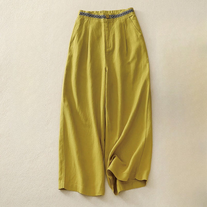 Buddha Stones Pantalon d'été uni en coton et lin, longueur 7-8, jambes larges, poches et fermeture éclair, avec poches. - Or - US8-10，UK/AU12-14，EU40-42 (2XL) - image 0