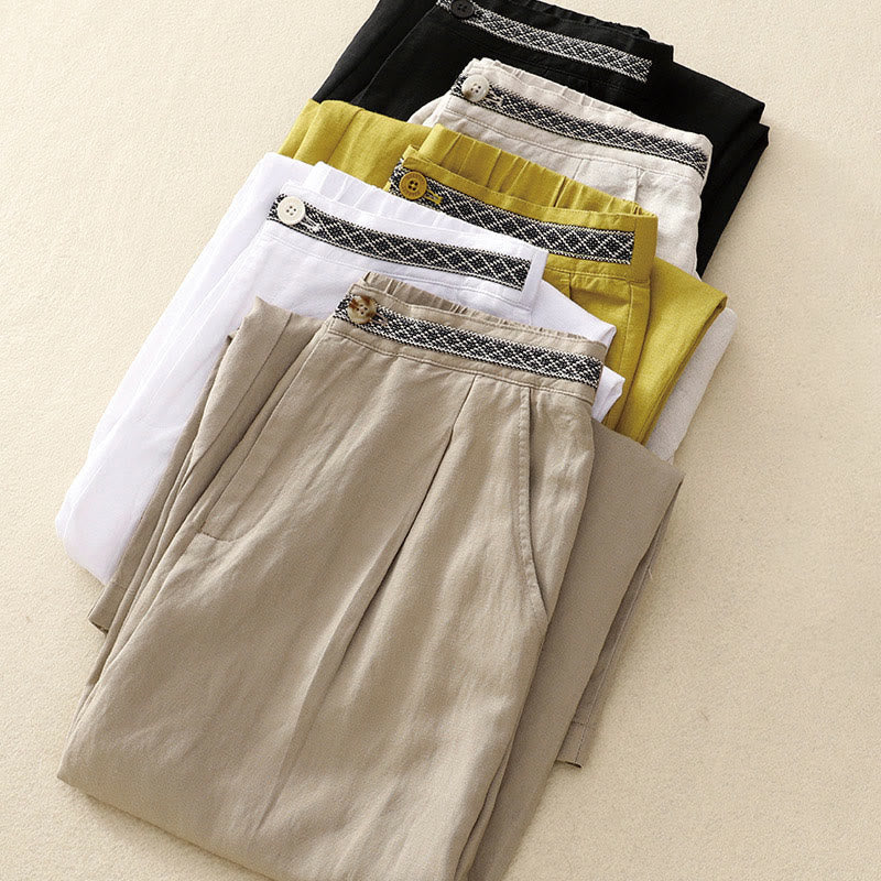 Buddha Stones Pantalon d'été uni en coton et lin, longueur 7-8, jambes larges, poches et fermeture éclair, avec poches. - image 24