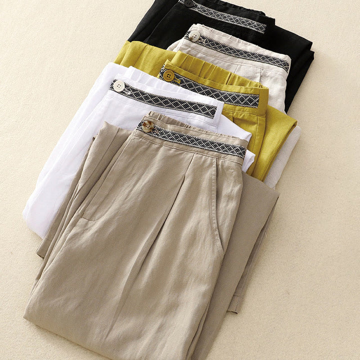 Buddha Stones Pantalon d'été uni en coton et lin, longueur 7-8, jambes larges, poches et fermeture éclair, avec poches. - image 24