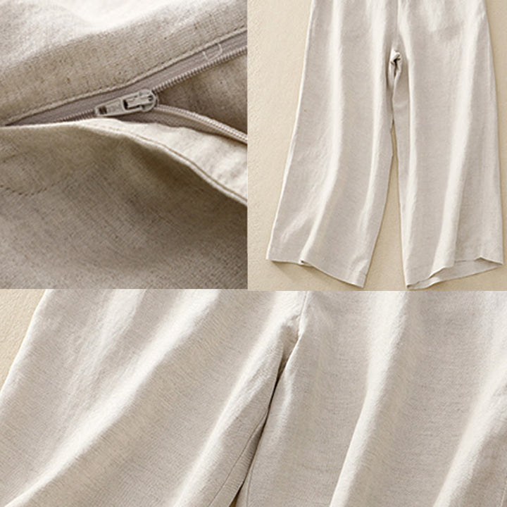 Buddha Stones Pantalon d'été uni en coton et lin, longueur 7-8, jambes larges, poches et fermeture éclair, avec poches. - image 10