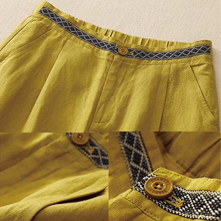 Buddha Stones Pantalon d'été uni en coton et lin, longueur 7-8, jambes larges, poches et fermeture éclair, avec poches. - image 3