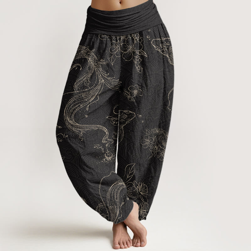 Pantalon harem à taille élastique pour femme, en coton, motif floral et carpes koï, avec Buddha Stones - Noir - US22，UK/AU26，EU54 (6XL) - image 0
