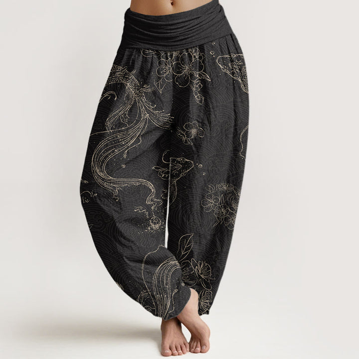 Pantalon harem à taille élastique pour femme, en coton, motif floral et carpes koï, avec Buddha Stones - Noir - US22，UK/AU26，EU54 (6XL) - image 0