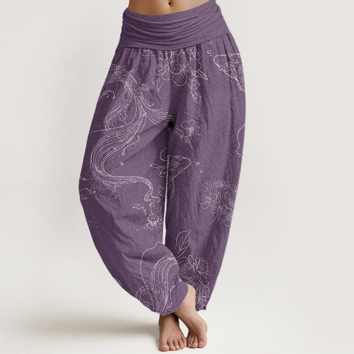 Pantalon harem à taille élastique pour femme, en coton, motif floral et carpes koï, avec Buddha Stones - Violet moyen - US22，UK/AU26，EU54 (6XL) - image 4