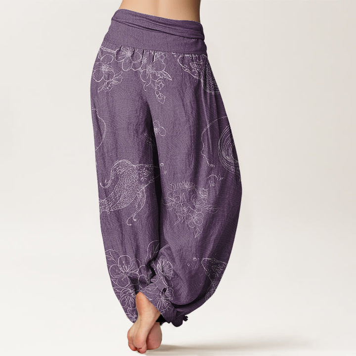 Pantalon sarouel à taille élastique pour femme avec motif floral de poissons Koi et Buddha Stones - image 7
