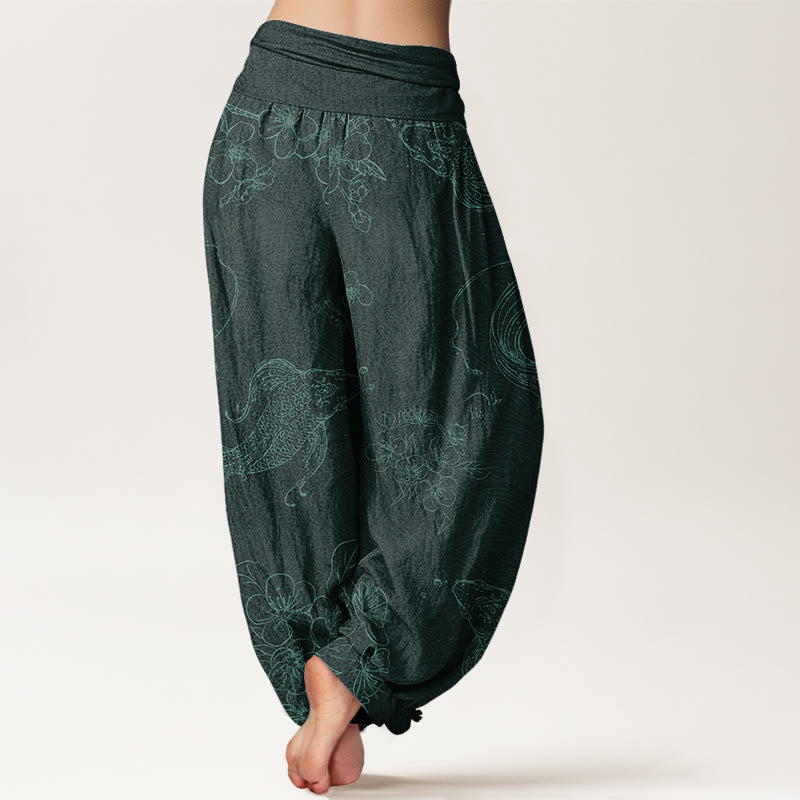 Pantalon sarouel à taille élastique pour femme avec motif floral de poissons Koi et Buddha Stones - image 10