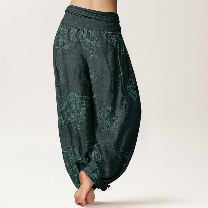 Pantalon sarouel à taille élastique pour femme avec motif floral de poissons Koi et Buddha Stones - image 10