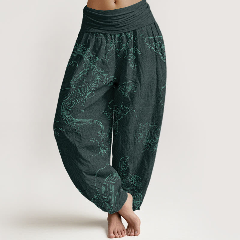 Pantalon sarouel à taille élastique pour femme avec motif floral de poissons Koi et Buddha Stones - Cyan foncé - US22，UK/AU26，EU54 (6XL) - image 8