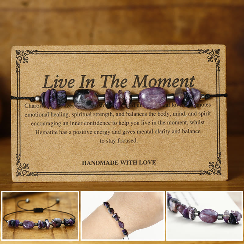 Bracelet puissant en charoïte et hématite avec Buddha Stones pour vivre l'instant présent - Vivez l'instant présent (Tour de poignet 14-24 cm) - image 0