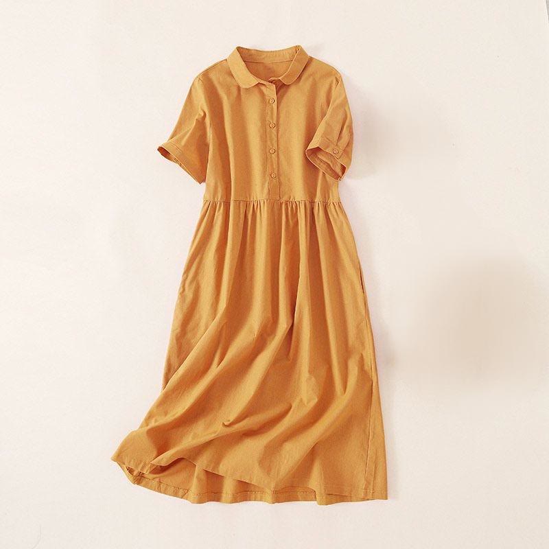 Robe mi-longue d'été en coton et lin à manches courtes et boutons Buddha Stones avec poches