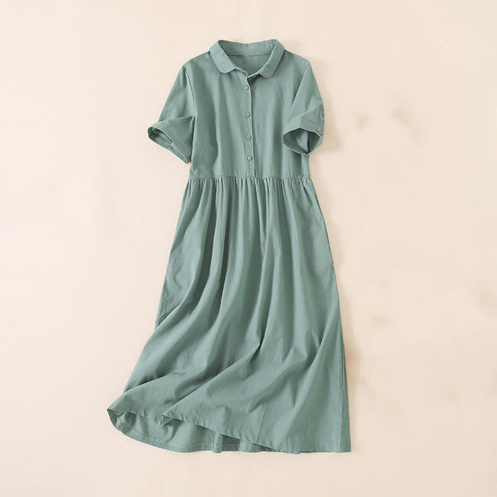 Robe mi-longue d'été en coton et lin à manches courtes et boutons Buddha Stones avec poches