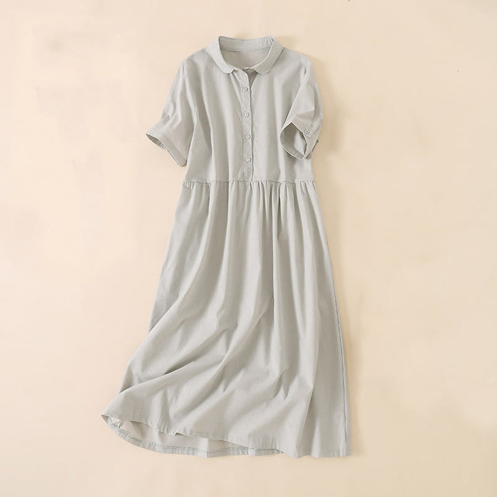 Robe mi-longue d'été en coton et lin à manches courtes et boutons Buddha Stones avec poches